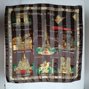 Vtg BIENVENUE A PARIS LA TOUR EIFFEL Arche Scarf Wrap Shawl 37" x 38" Brown Gold